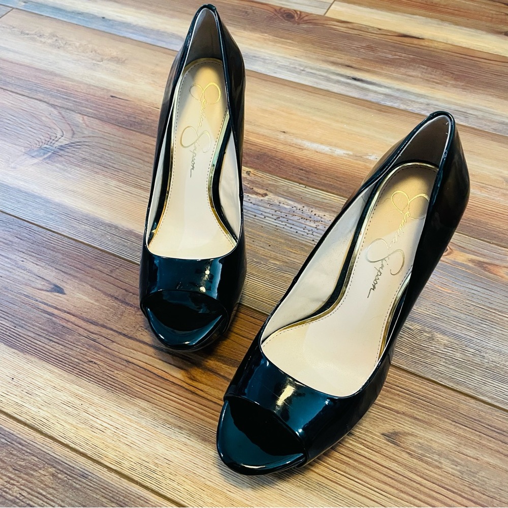 Jessica Simpson Bethani Peep Toe Sexy Cork Patent Wedges Black Womens Size 8 - Picture 2 of 5